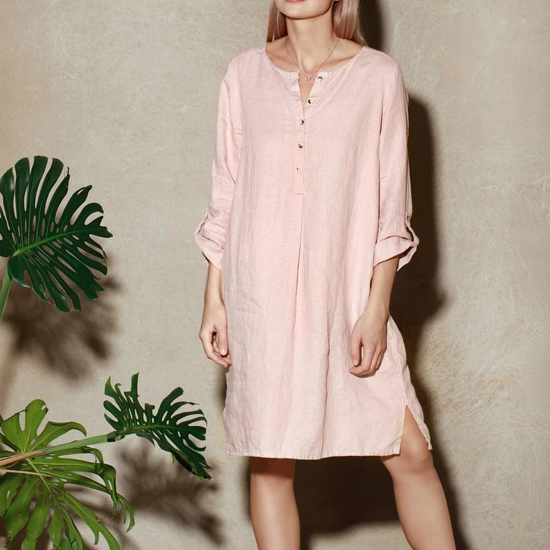 Vestido De Lino Para Mujer,Ropa Formal De Lino A La Moda,De Verano,Con  Manga 3/4 Y Cuello Redondo,Longitud Hasta La Rodilla,100% - Buy Nueva Moda  Vestido De Lino 100%,Último 100% Lino De Verano