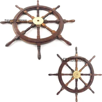 Wooden Ship Wheel Wall Decoration with Brass Turned Spokes and Handles Maritime Nautical Boat Helm Decor