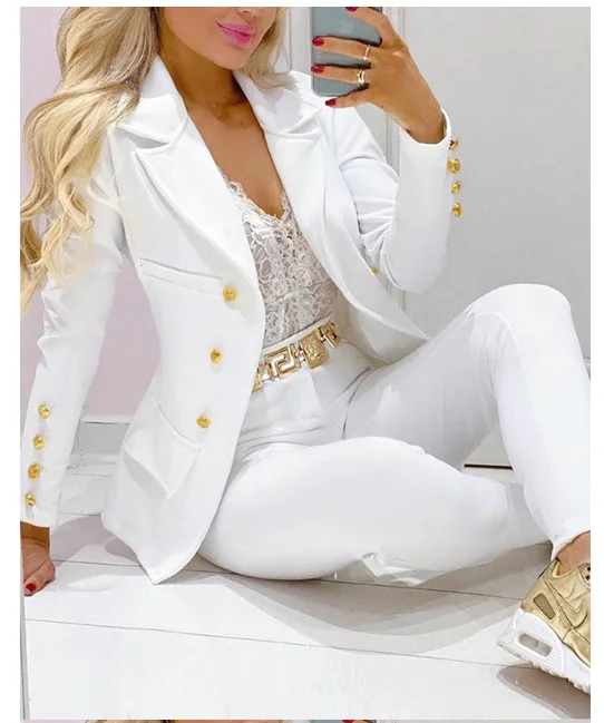Женский офисный костюм из 2 предметов, блейзер на пуговицах с длинным рукавом и брюки, весна-осень 2021