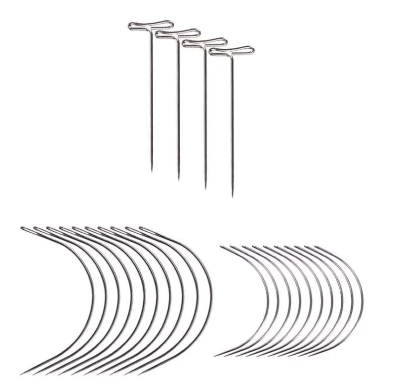 ZLCHE 74 Pieces Wig Making Pins Needles and Thread Set-50 Pcs Stainless Steel T-pins for Wigs,20 Pcs Curved Needles,2 Sizes C Type Weaving Needles and 4 Rolls Sewing Thread for Wig Making,Blocking Knitting,Modelling and Crafts DIY 