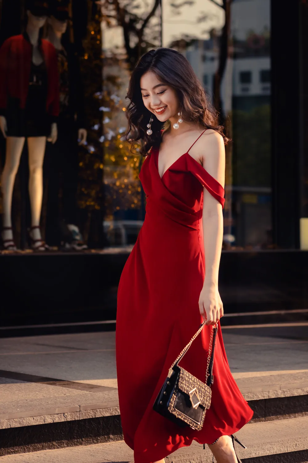 New Arrivals Solid Chiffon Cross V Neck Natural Waist Burgundy Maroon Midi Dresses Women Party Prom Night Zippers Asymmetrical