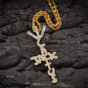 Cactus Jack Design Cubic Zirconia Cross Pendant Fashionable Hip Hop Style Gold Plated Brass Necklace with Zircon Main Stone Gift