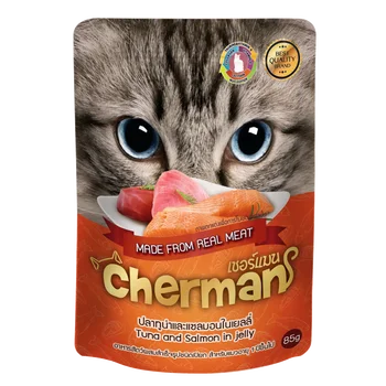Thailand factory Wet Cat food Pet Food Tuna and Salmon in Jelly Pouch bag 85g