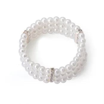 Vintage Elegant Multicolor 3 Row White Faux Pearls Rhinestone Stretch Wrist Bracelet