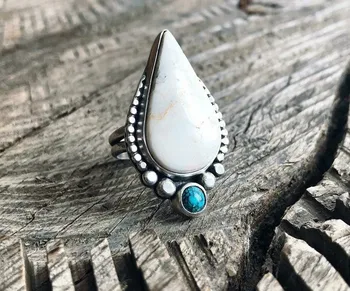 Antique Turquoise & Howlite 925 Solid Sterling Silver Natural Gemstone Ring Statement jewelry