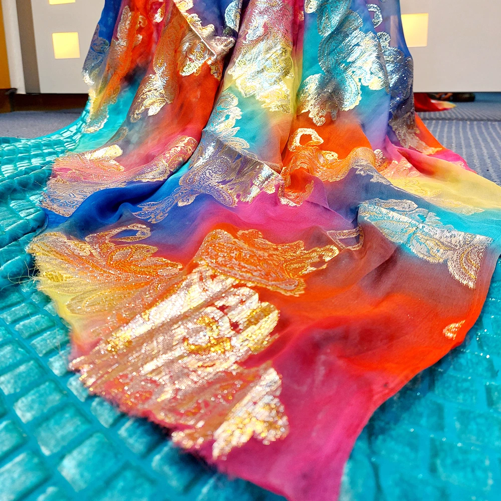 100% silk fabric chiffon metallic jacquard quality gold silver metallic chiffon