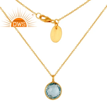 Blue Topaz Bezel Set Pendant Suppliers 18k Gold Plated 925 Silver Chain Round Shape Pendant Necklace Jewelry