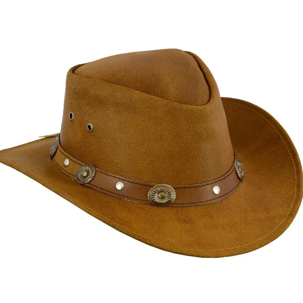 leather cowboy western style australian bush hat - light brown