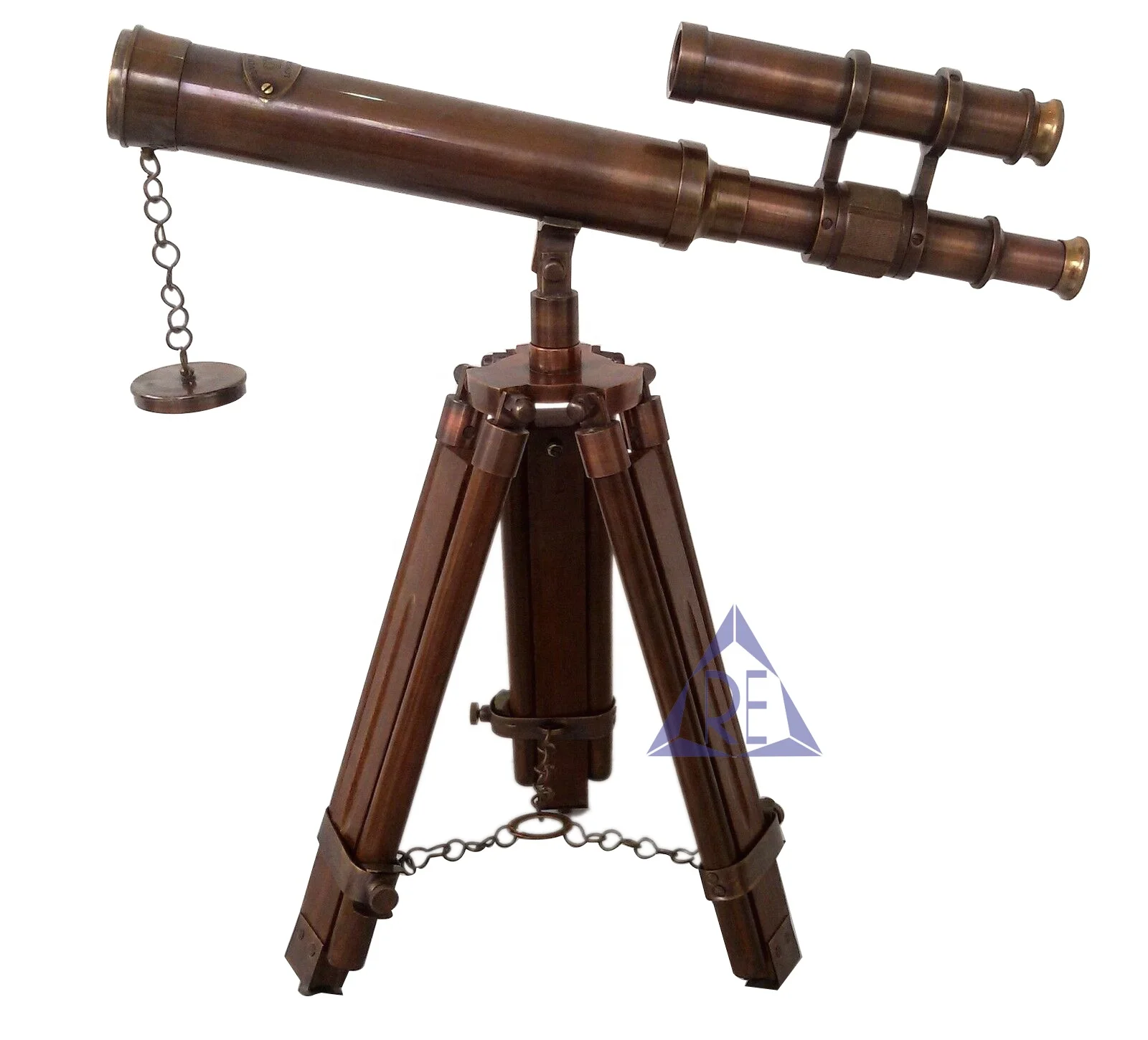 Antique Brass Telescope Double Barrel With Wooden Tripod Decor Table Desktop Designer Maritime