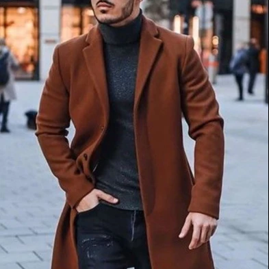 Fashion Men Brown Woolen Long Coat Trench Style Brown Men Overcoat For ...