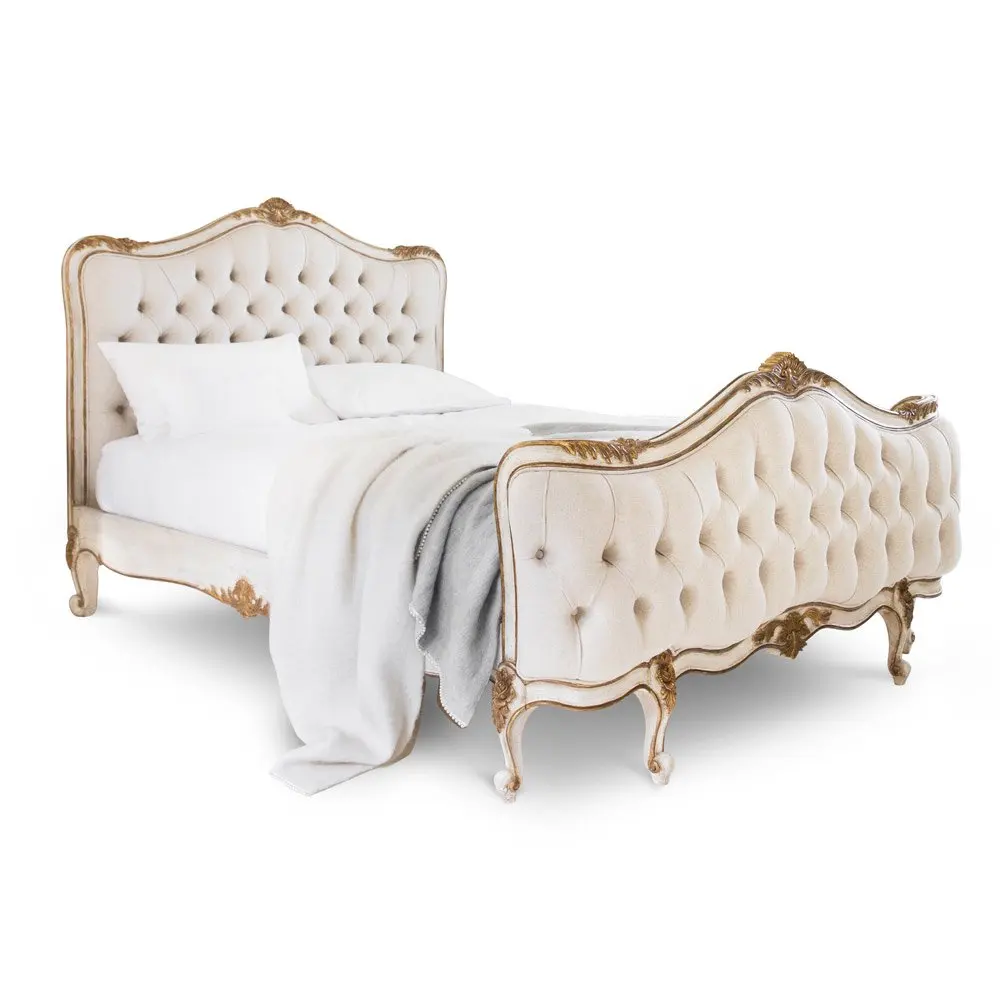 French Style Bed Frame - Elegant, Tufted, Mahogany Wood