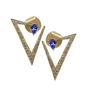 Solid 18k Yellow Gold Diamond Tanzanite Triangle Stud Earrings Unique Design Pave Diamond Gemstone Fine Jewelry Manufacturer