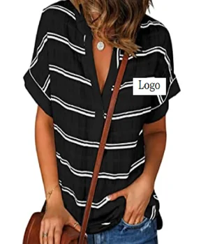 Women's Striped V Neck Casual Tops Cuffed Batwing Sleeve Shirt Side Slit Blouse Wholesale Apparels Stock, Customization