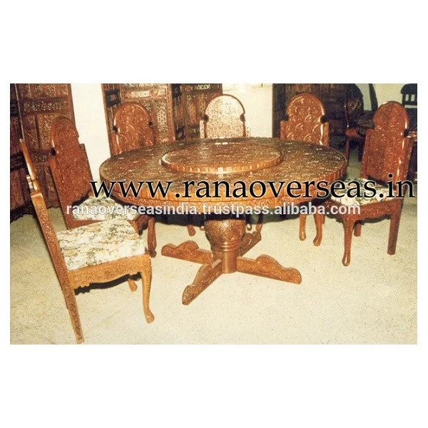 Wooden Handcrafted Dining Table With Six Chair for Home Kitchen and Dining Room in Brown Tone