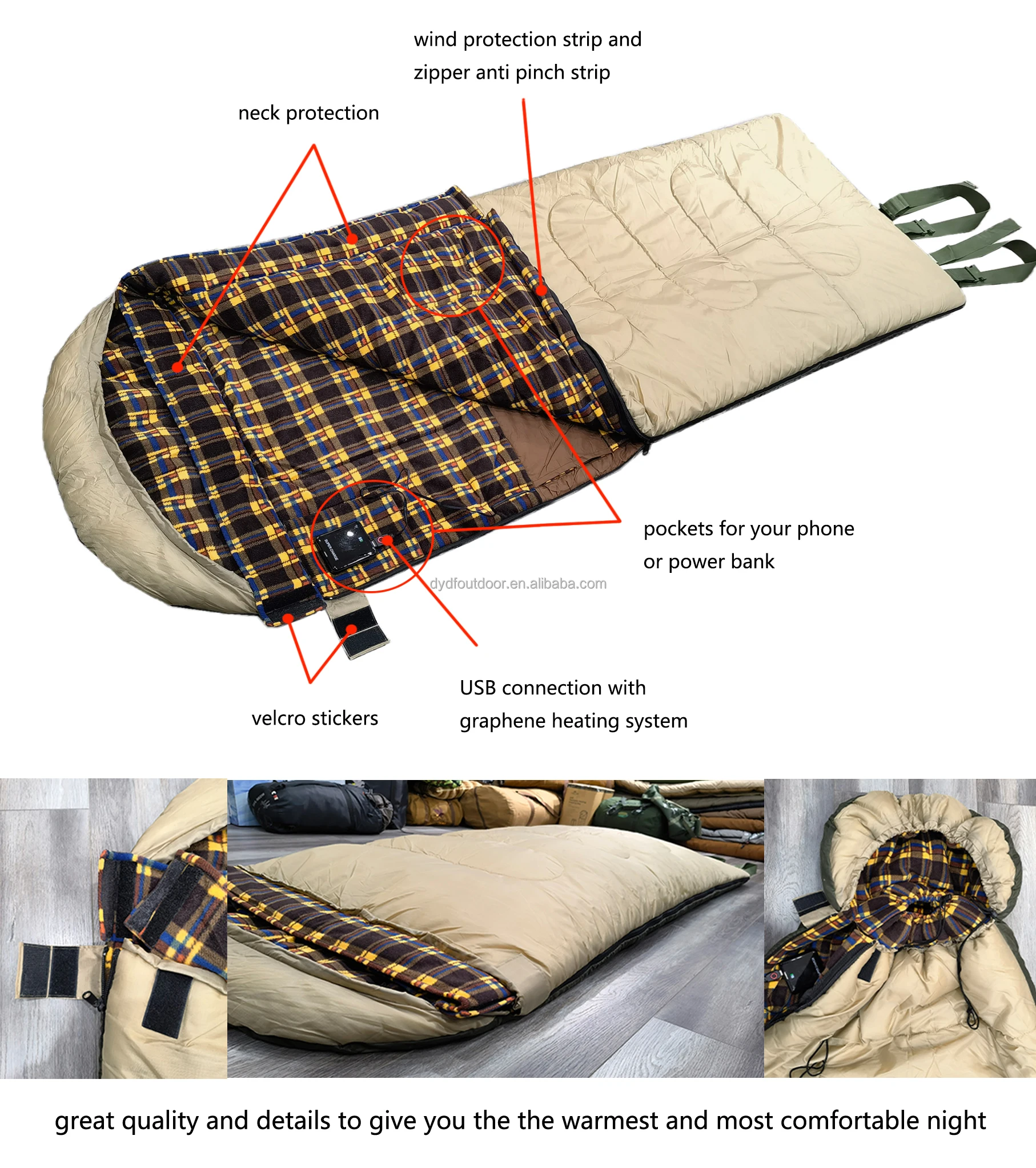 4kg Thick Waterproof Usb Heating Sleeping Bag,Warm Comfortable Fleece