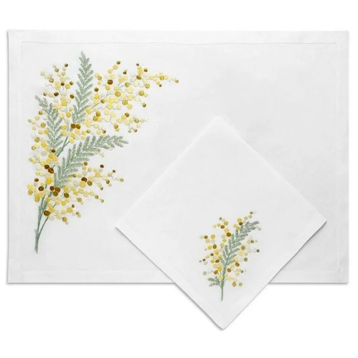 Embroidery Mimosa Design Placemat And Napkin Sets White Cotton Table