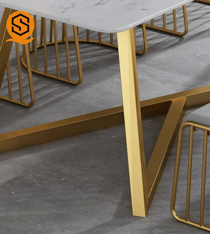 Luxury Metal White Dining Room Furniture Marble square Restaurant Gold Dining Tables and Chairs Set