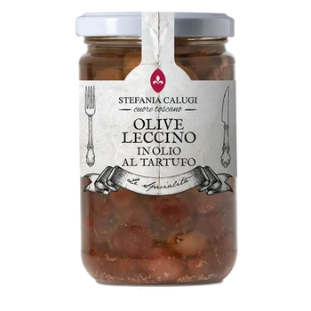 "Leccino" olives in truffle oil 180g fresh raw material vegetables appetizer with slices and cheese