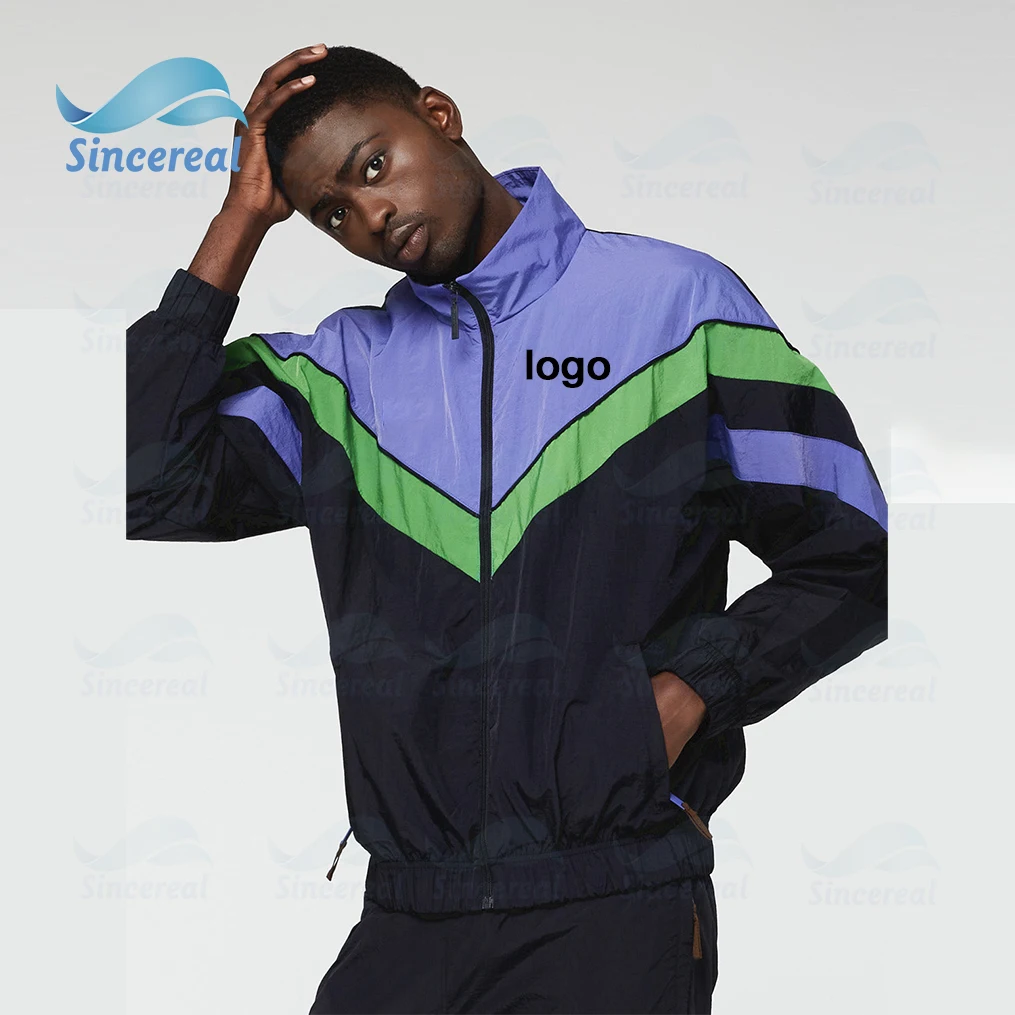 Wholesale Zip Back Pocket Color Block Oversized Windbreaker Two Piece Pants Set Mens Nylon