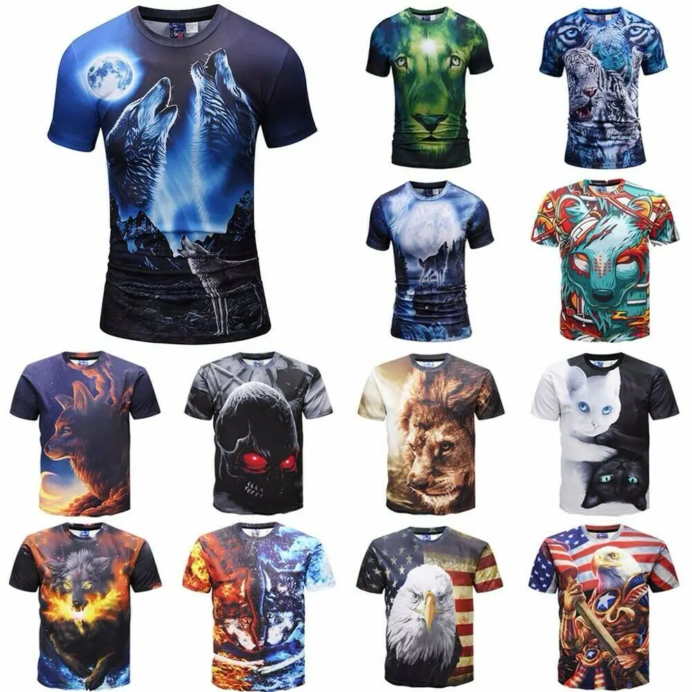 Men's 3D Animal Wolf Printed T-shirts Short Sleeve Funny Tee New Casual Tops