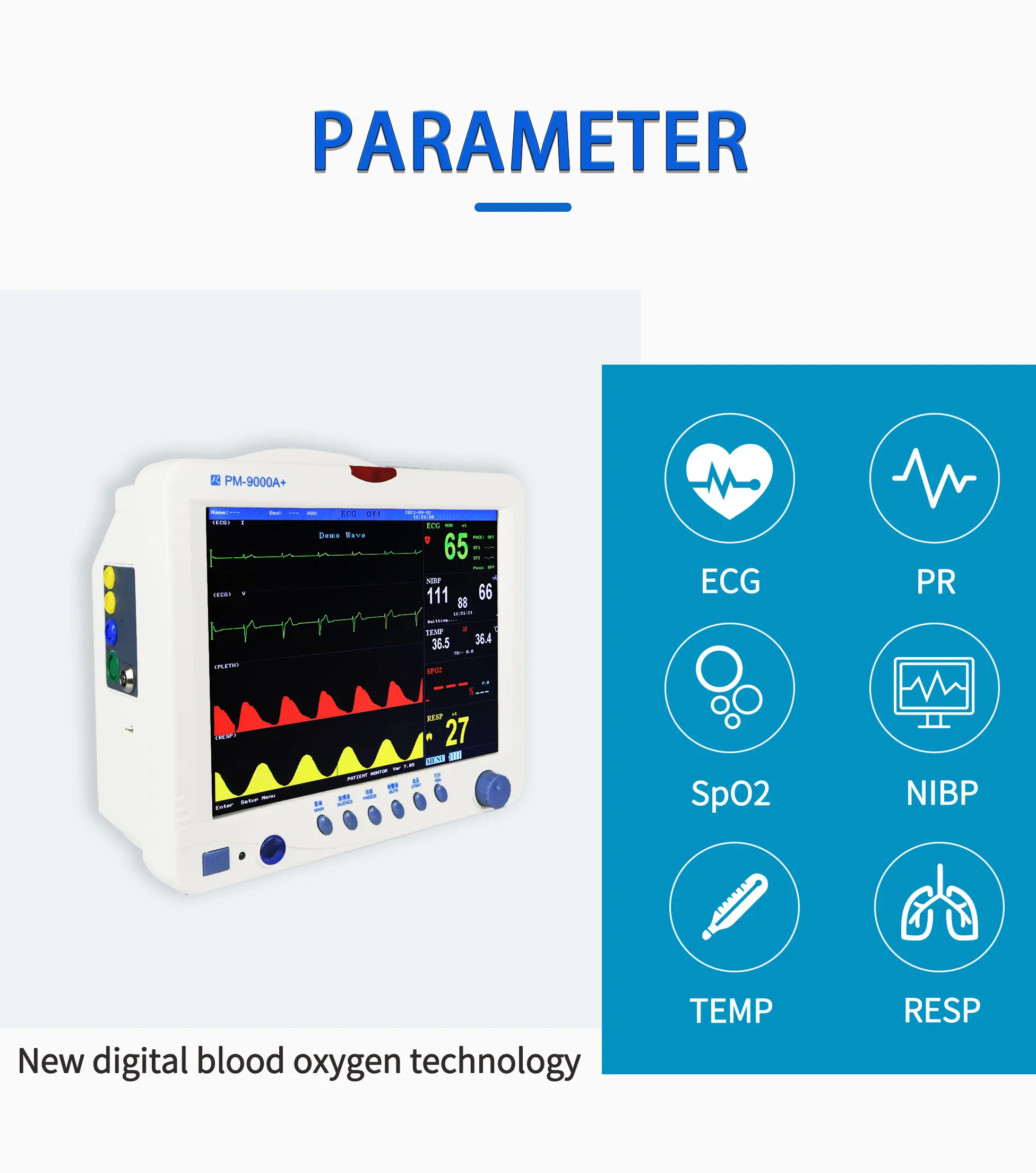 Patient Monitor with 1-7 Level Audio/Visual Alarming Arrhythmia Analysis and Anti-ESU Multi Parameter Bedside Monitor