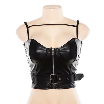 Women Long Cut Black Leather Motorcycle Vest With Braid on Front and Back