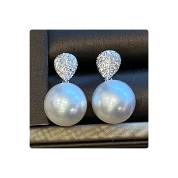 Luxury 1 carat natural diamond 13mm Australian South Sea white pearl 18k white gold earrings