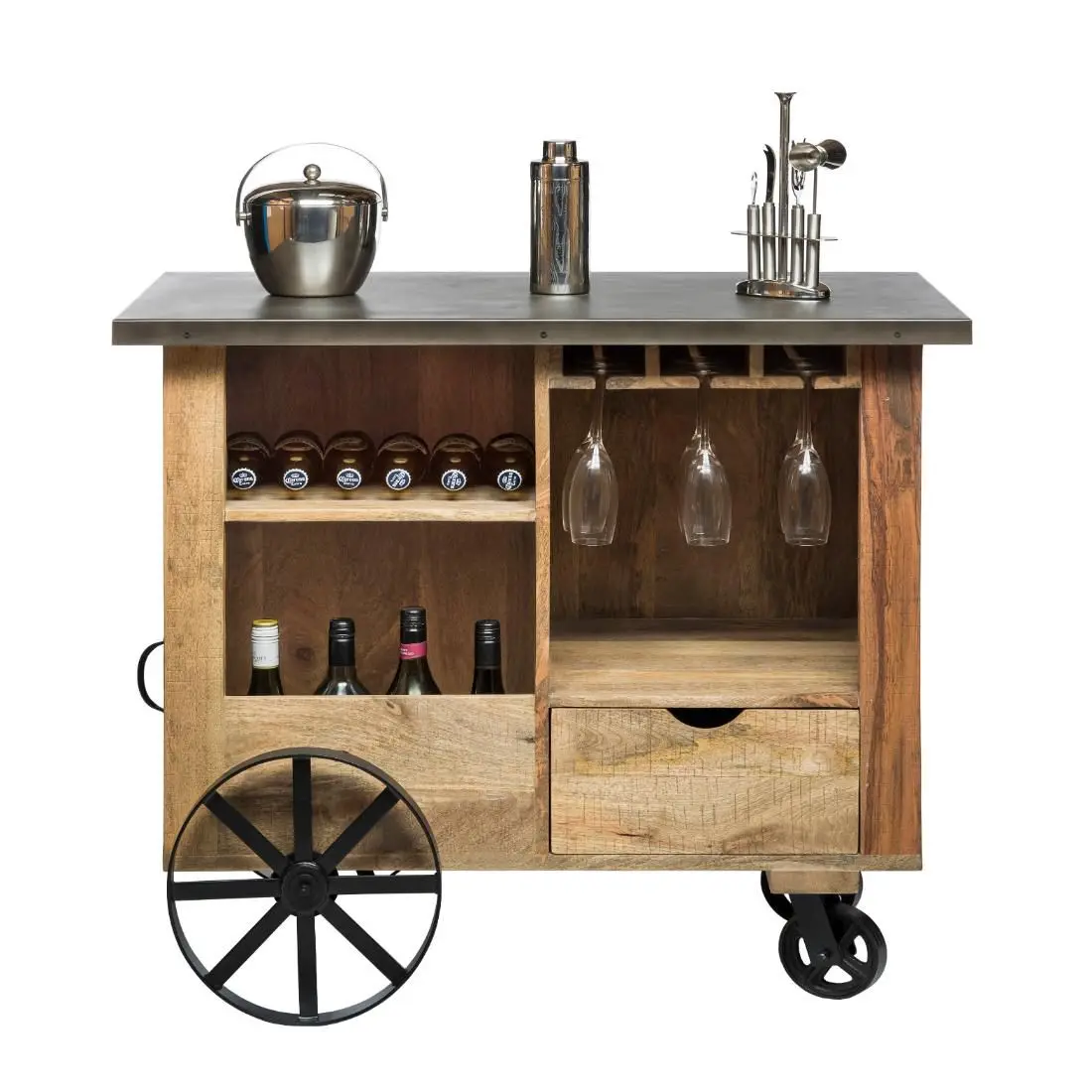 Modern Farmhouse Solid Wood Durable Bar Cabinet with Metal Base and Chairs Home Furniture for Living Room Home Decor