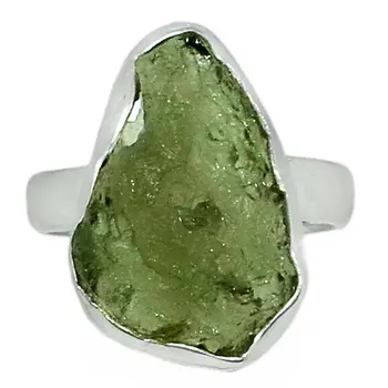Natural Rough Moldative Healing Gemstone Ring 925 Sterling Silver Green Moldative Stone Statement Ring Jewelry for Men and Women