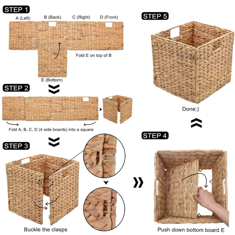 Foldable Hand Woven Water Hyacinth Storage Baskets With Iron Wire Frame
