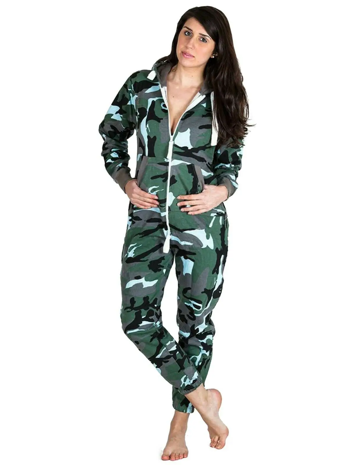 Mens Womens Camouflage Sweatsuit All in One Hooded Jumpsuit Nightwear Pajama Plus Size Ladies Tracksuits