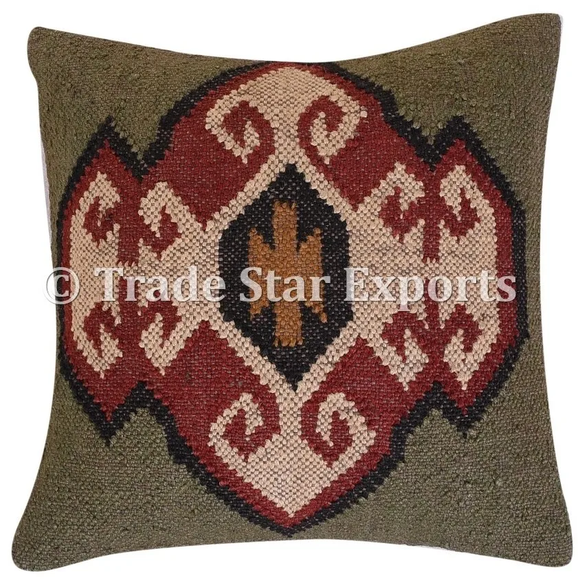 Indian Handwoven Kilim Pillow Case 18x18 Handmade Vintage Jute Rug Cushion Cover 