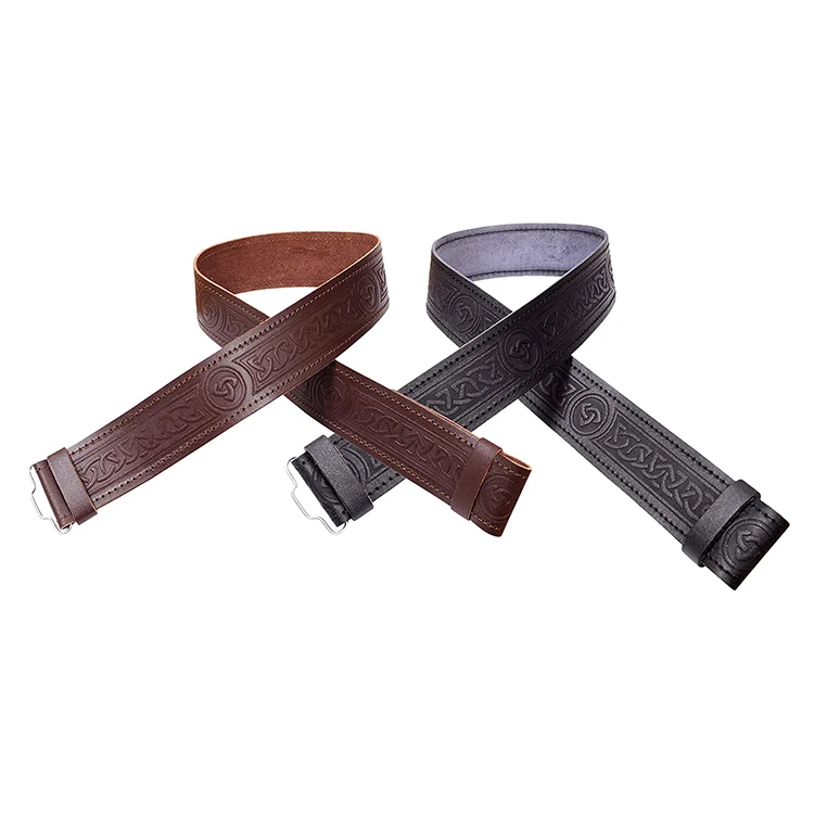 100% Leather Kilt  Belt Double Pronged Buckle For Kilt Highland Black Embossed 