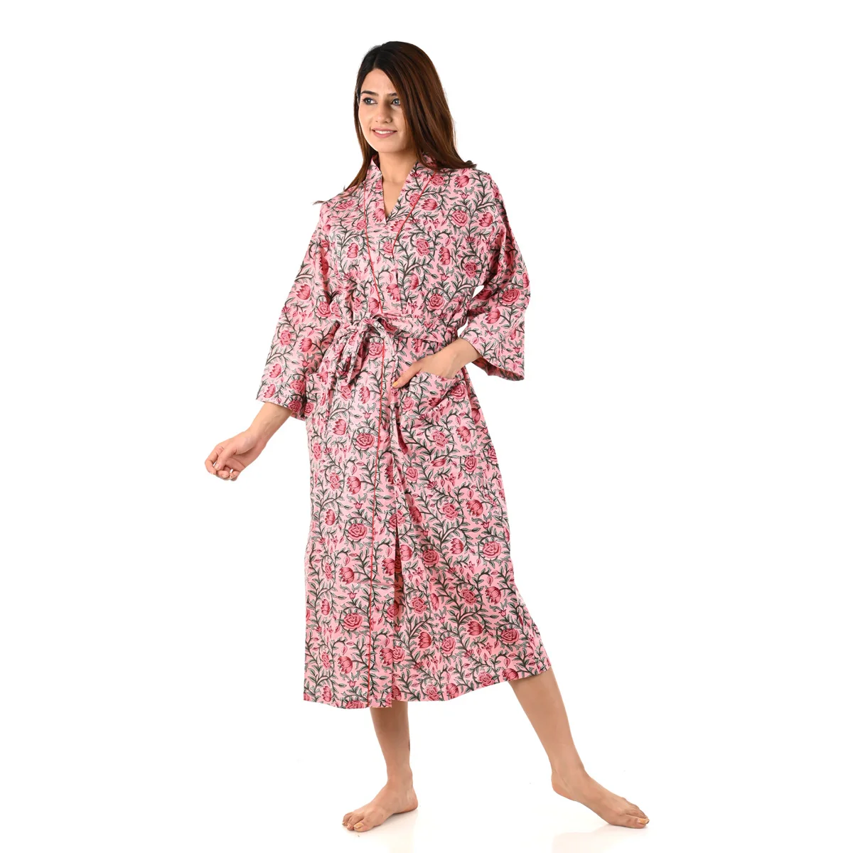 Indian Cotton Bathrobe Floral Print Sleepwear Long Kimono Ethnic Night Maxi Gown 