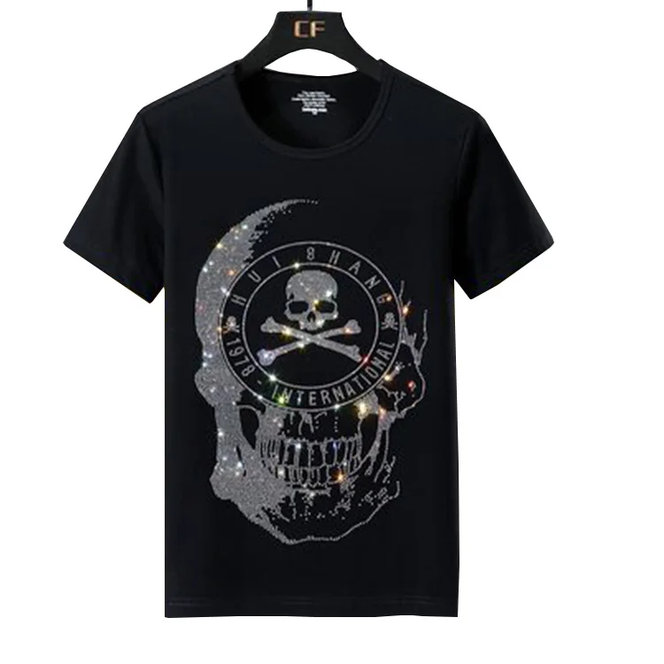 Manufactures color skull rhinestones cotton t shirt man clothing tee shirt with rhinestone transfer 