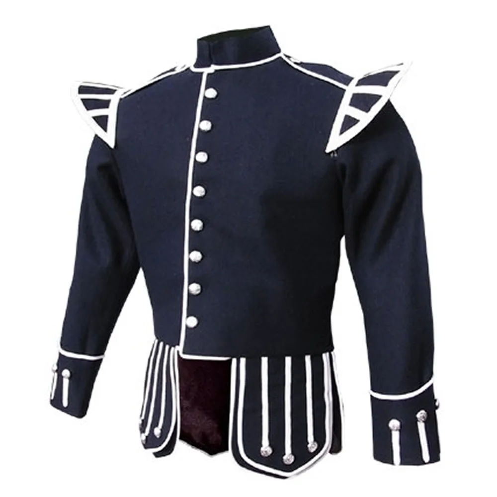 100% Wool New Scottish Black Military Piper Drummer Doublet Tunic Jacket 
