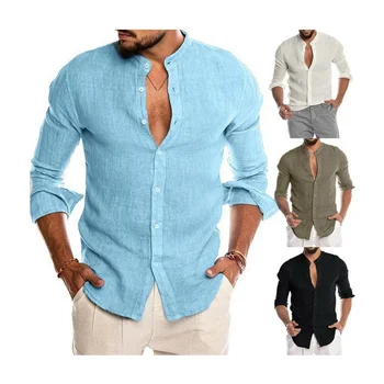 JL Newly Mens Button Up Shirt Solid Color Breathable Linen Shirts Plain Sky Blue Long Sleeve Shirts For Men