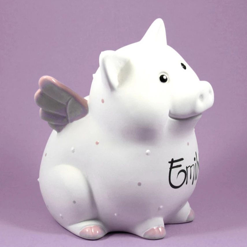 Adorable Piggy Bank in Pink Ceramic Coin Storing Piggy Bank with Wings Birthday Cake Topper for Girls