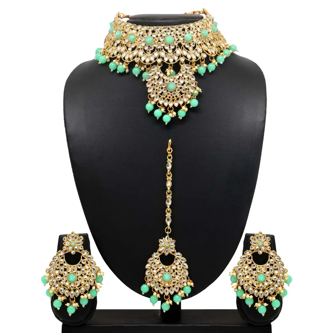 Pista Green Color Kundan Necklace Set 