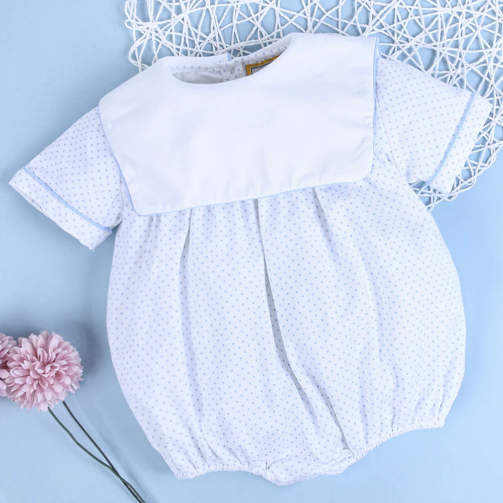 Baby Girls Bubble Sleeveless Baby Blue Dot White Rompers Set OEM ODM Customized Embroidery Snap Button 100% Organic Cotton