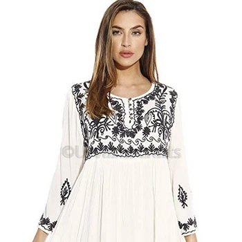 100% rayon summer wear round neckline with button long sleeve knee length embroidery mexican tunic blouse