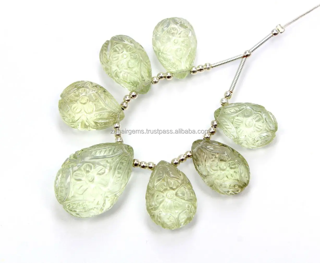 7.Pieces Superb Quality Natural Green Amethyst Smooth Flower Carving Pear Shape Beads 11X14MM To 13X20MM Approx On Wholesaler Price GC-04