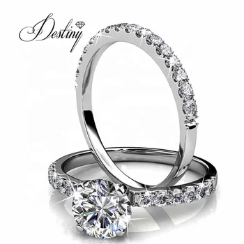 Sterling Silver 925 Premium Austrian Crystal Jewelry Women Wedding Engagement 2 In 1 Solitaire Ring Set Destiny Jewellery