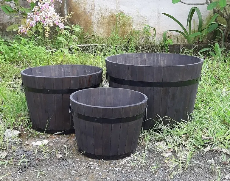 Wooden Barrel Set Of 3 Antique Wooden Pots Customization Large Outdoor