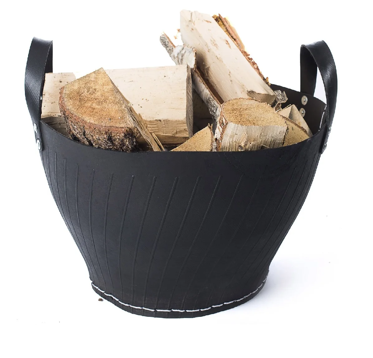 diámetro de 49 cm Cesta de madera de leña para almacenamiento de troncos de caucho reciclado con anillo de acero inoxidable 