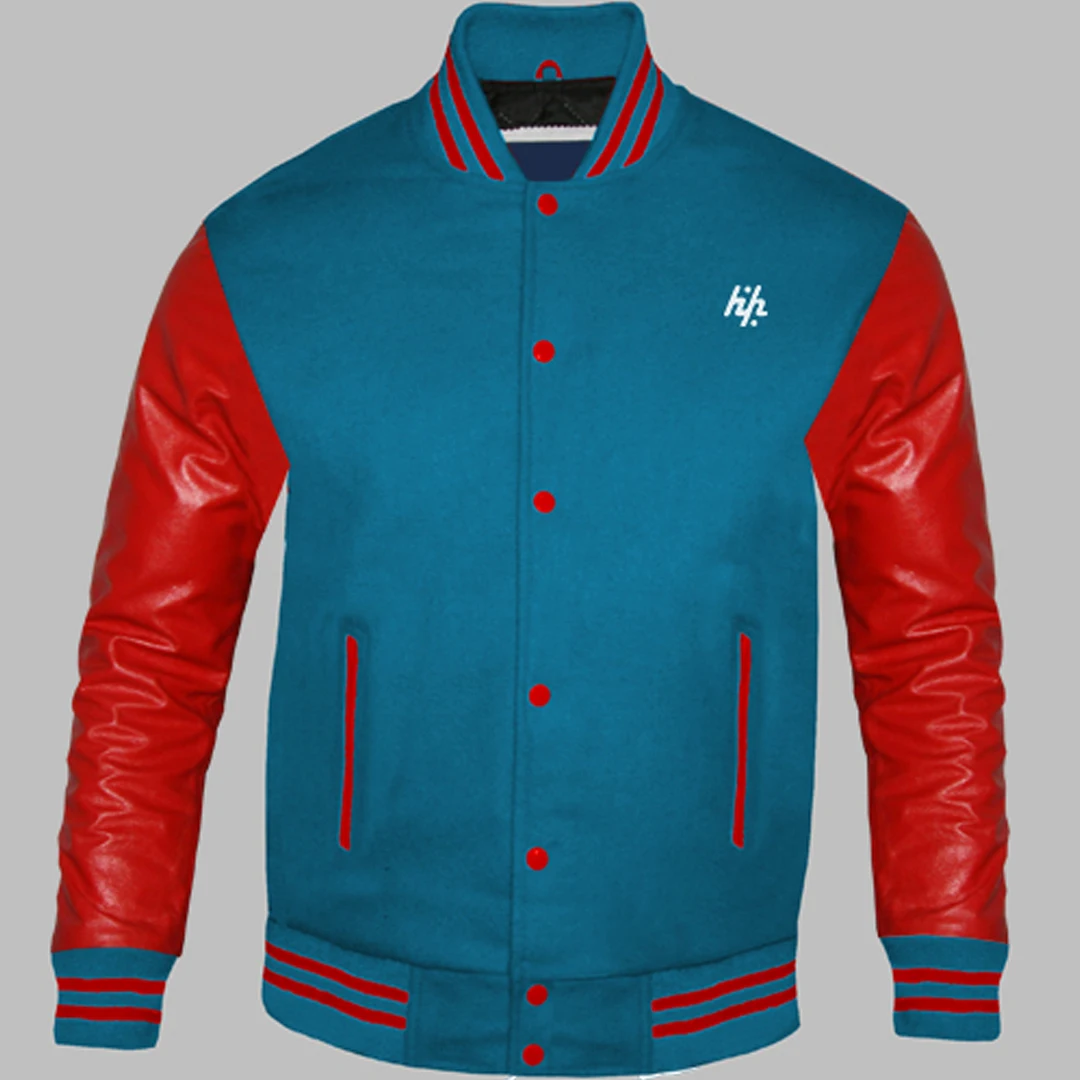 2021 Custom New Columbia Blue and Genuine Leather Sleeves in Top Grain Red Varsity Jackets for Men's by Huzaifa Products