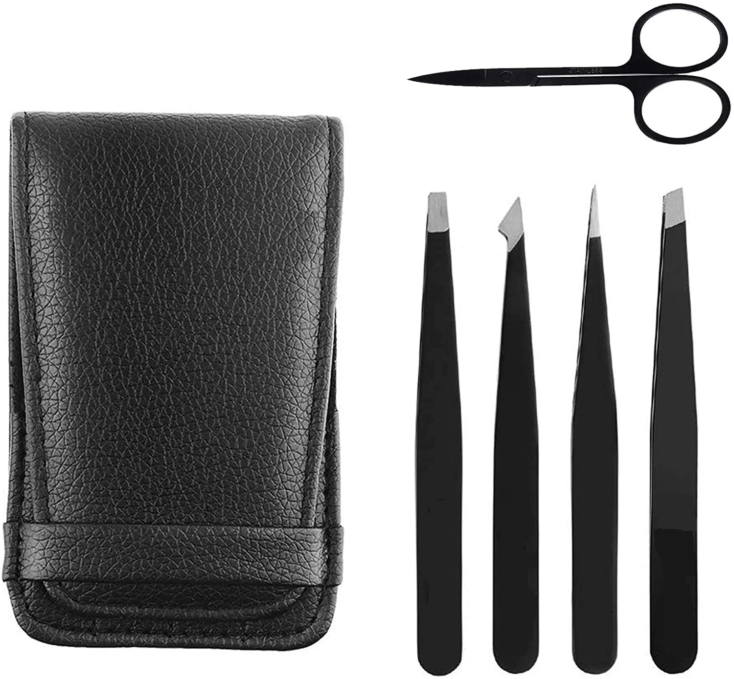 5 Piece Tweezers Eye Brow Plucking,Eyebrow Tweezers Set With Scissors And Leather Bag