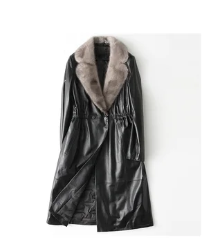 New Arrivals Genuine Leather Sheepskin Women's Real Mink Fur Collar Duck Down Long Coat