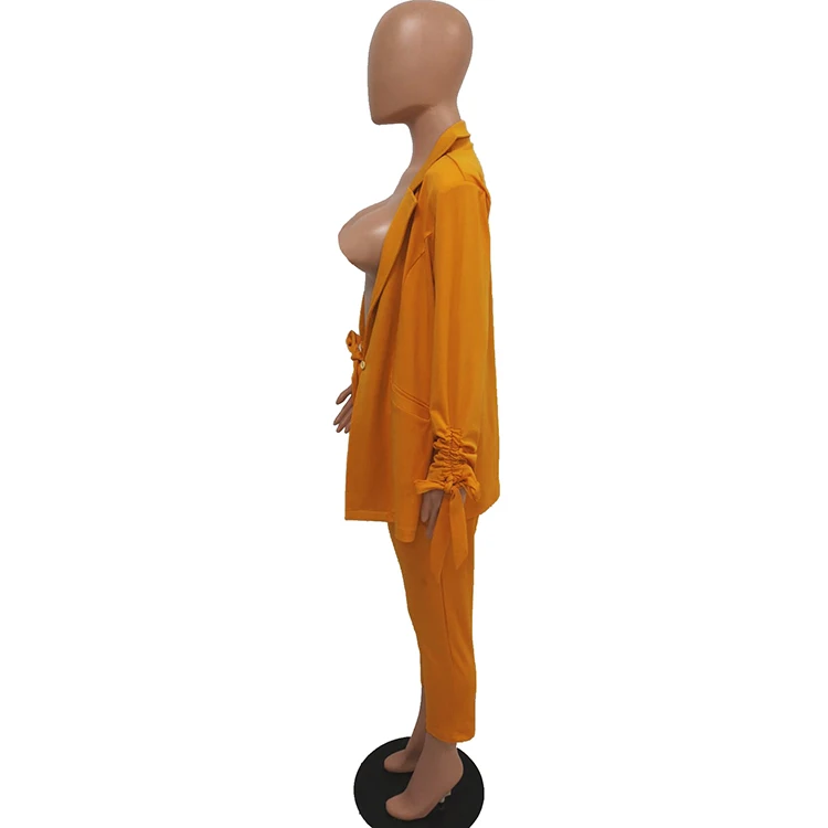 Ярко-желтый комплект из двух предметов с рукавами на завязках, Блейзер, костюмы, комплект для женщин