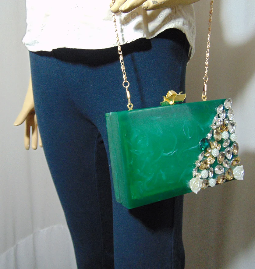 Women's Designer Green Marble Resin MOP Clutch Bag Spring Season Suede  Shoulder Fashionable with Cotton Lining